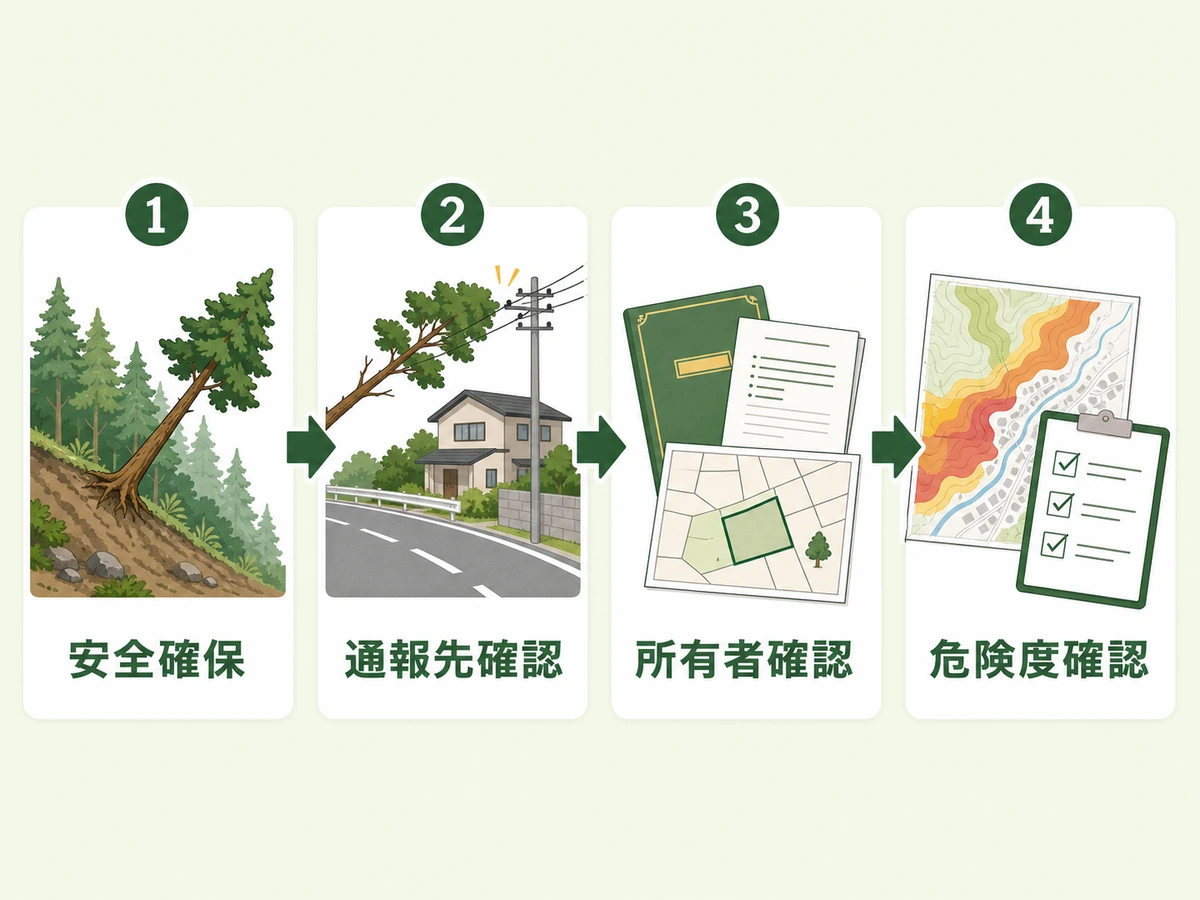 放置山林の安全確保から危険度確認までの流れ