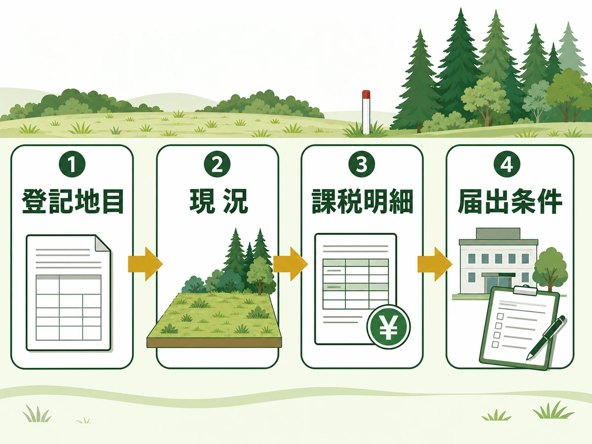 登記地目、現況、課税明細、届出条件の確認順を示す図解