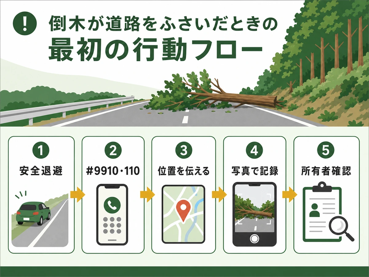 道路を塞ぐ倒木を見つけたときの初動フロー
