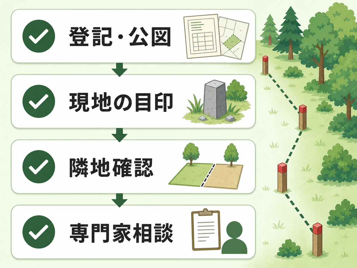 山林の境界を確認する順番を登記・公図、現地、隣地、専門家相談で示す図解