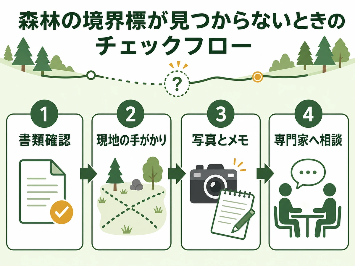 山林の境界杭が見つからない時の確認フロー