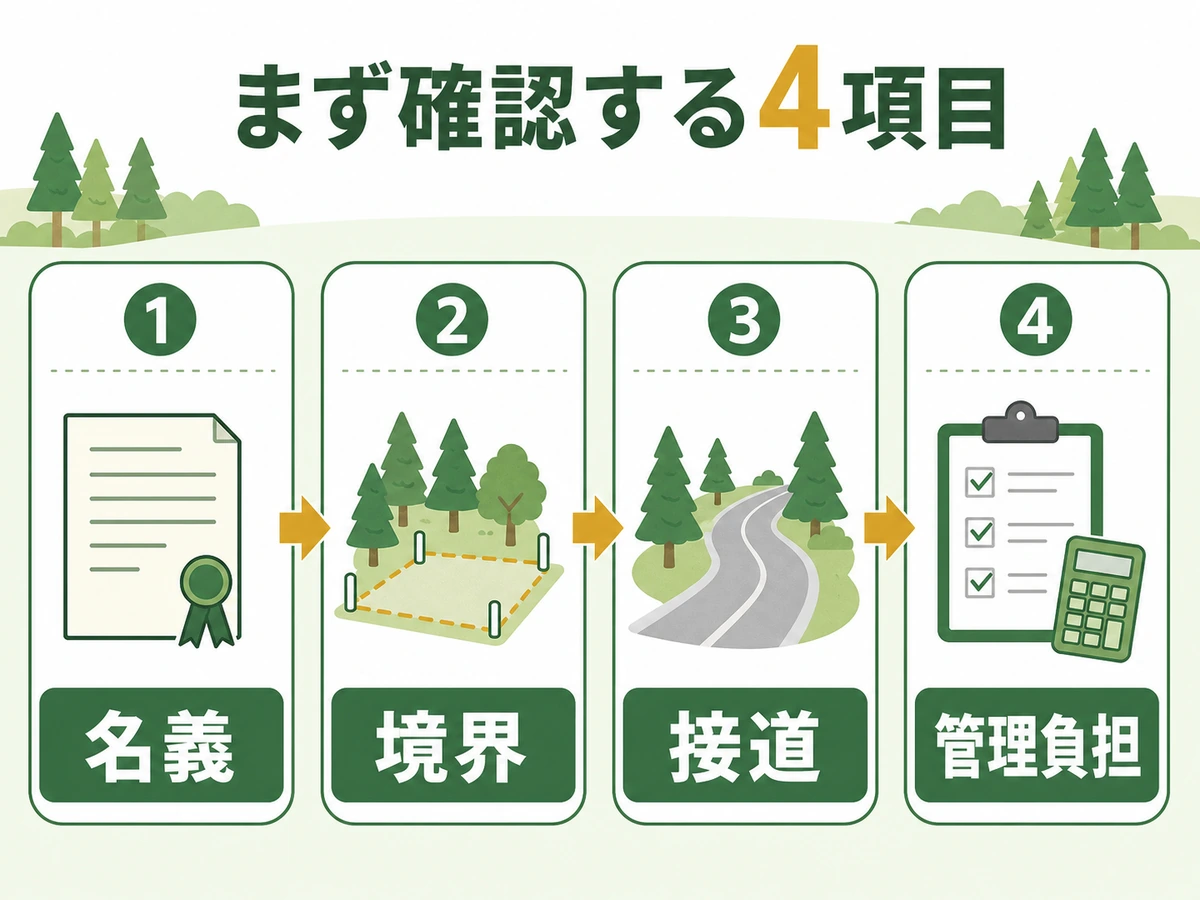 山林寄付を相談する前に確認する名義・境界・接道・管理負担の図