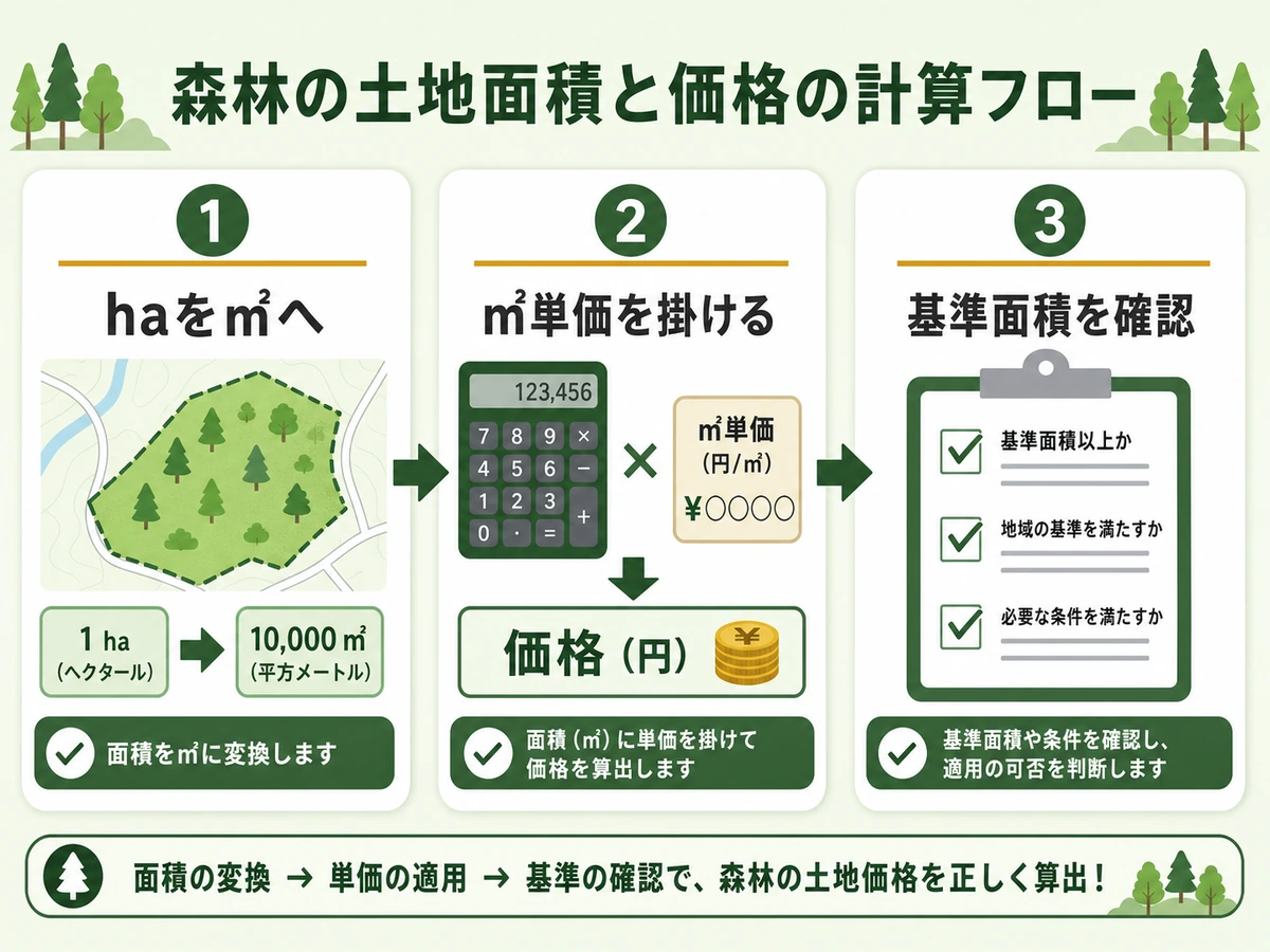 山林価格を計算するためのhaから㎡への換算フロー