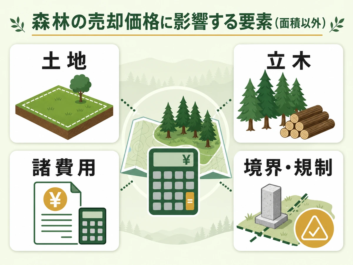 山林価格を土地、立木、諸費用、境界規制に分けて確認する図