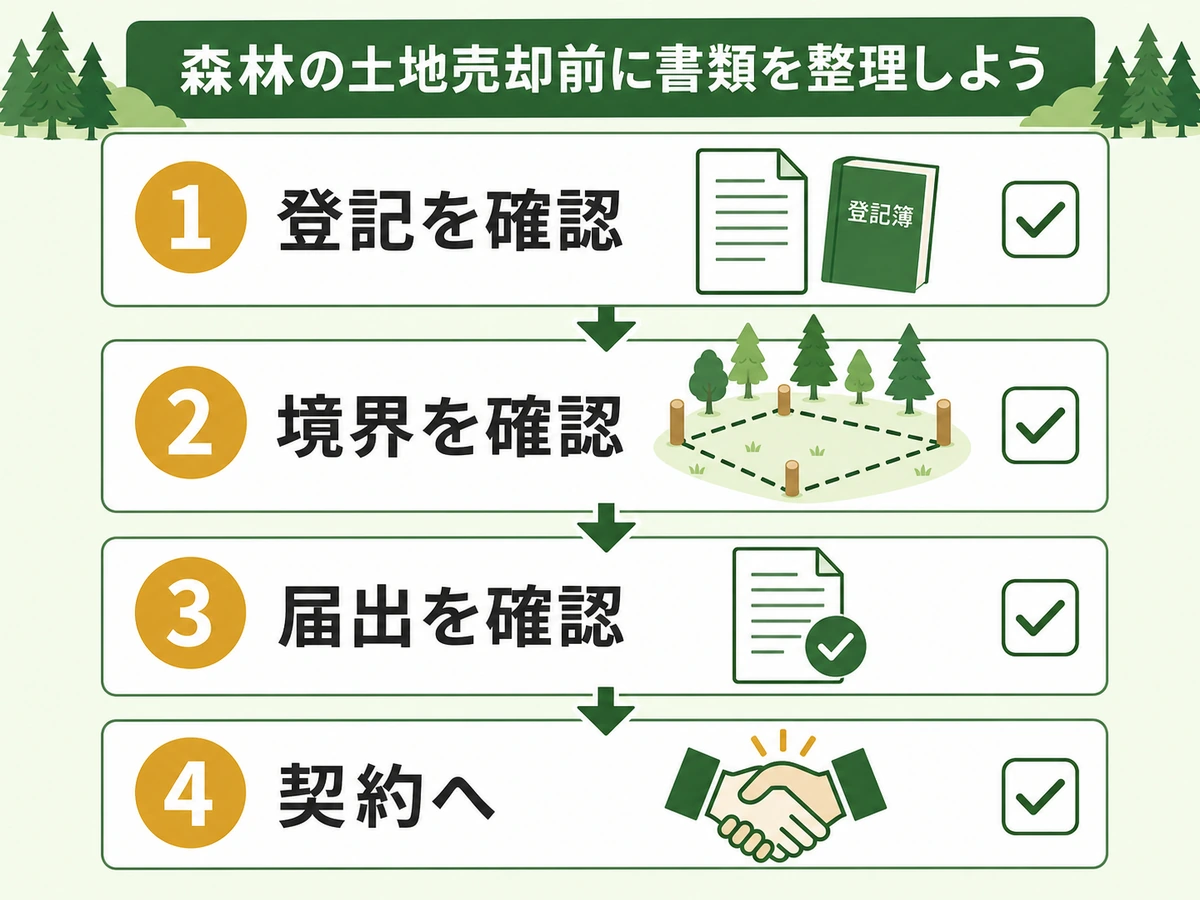 山林売買前に登記、境界、届出、契約準備を確認する流れ