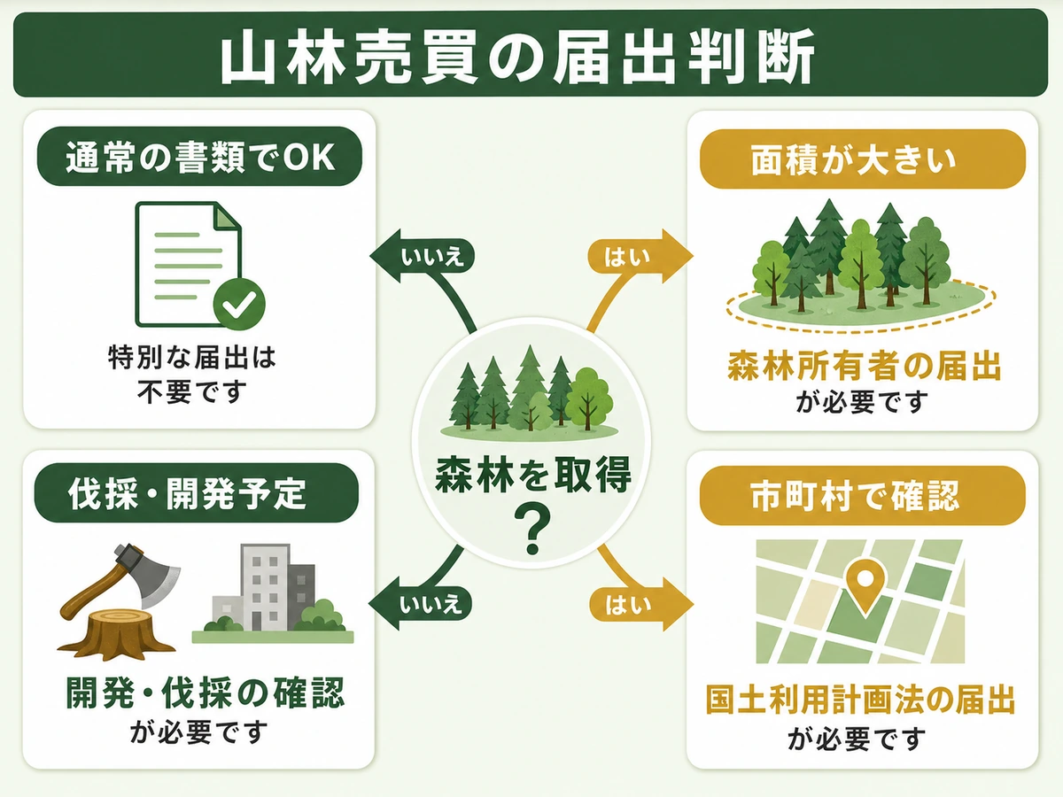 山林売買で森林取得、面積、伐採や開発予定を確認する届出判断図