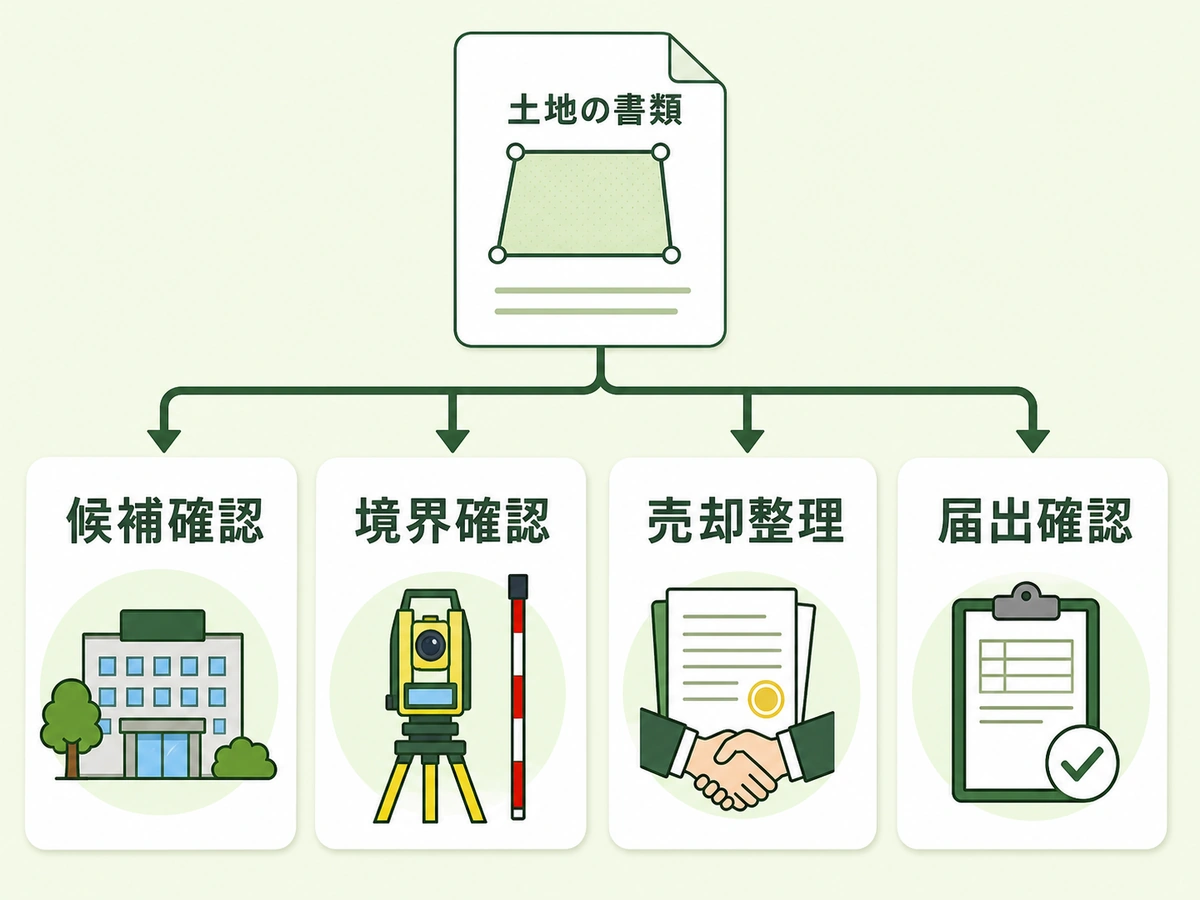 山林の候補地確認後に境界確認や売却整理へ進む判断図