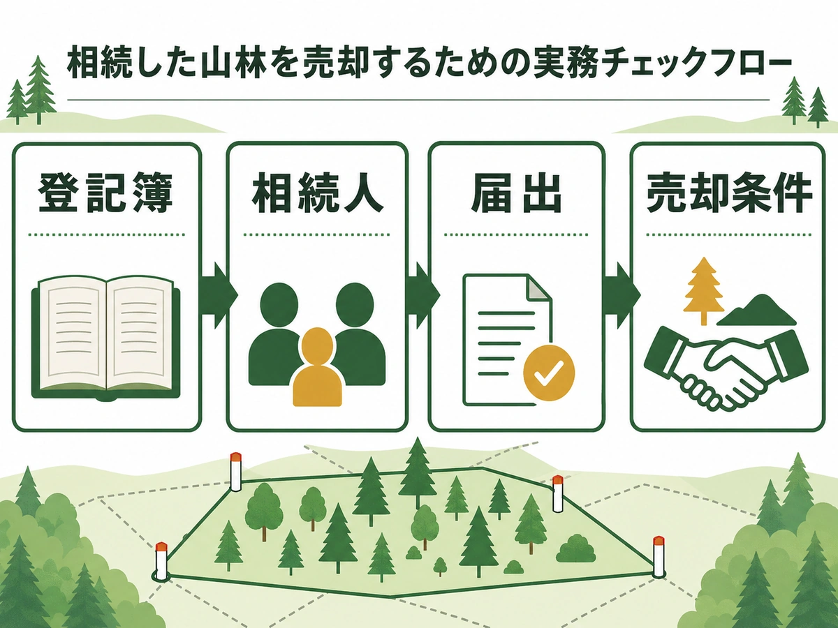 登記簿、相続人、届出、売却条件の確認順を示す図