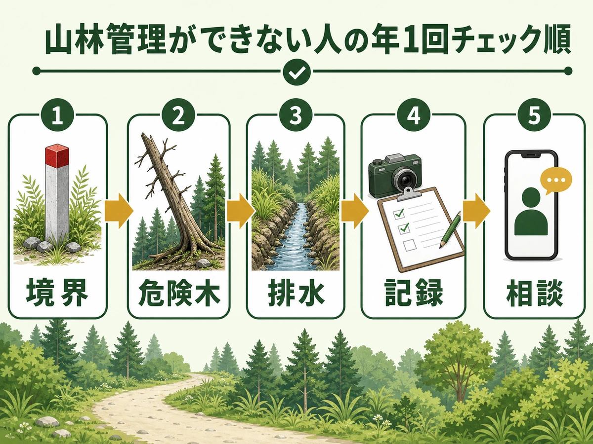 山林管理の年1回チェック順を示す図