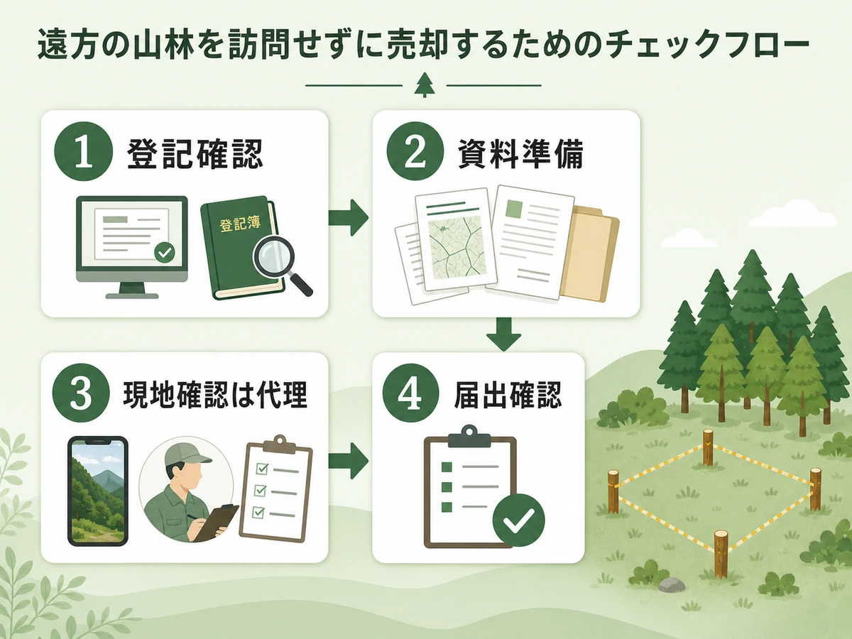 遠方の山林を訪問せずに売却するための登記確認から届出確認までの流れ