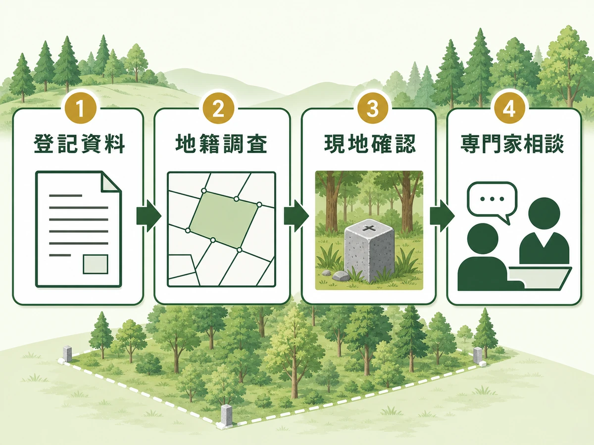 山林売却前に登記資料、地籍調査、現地確認、専門家相談の順で確認する図解