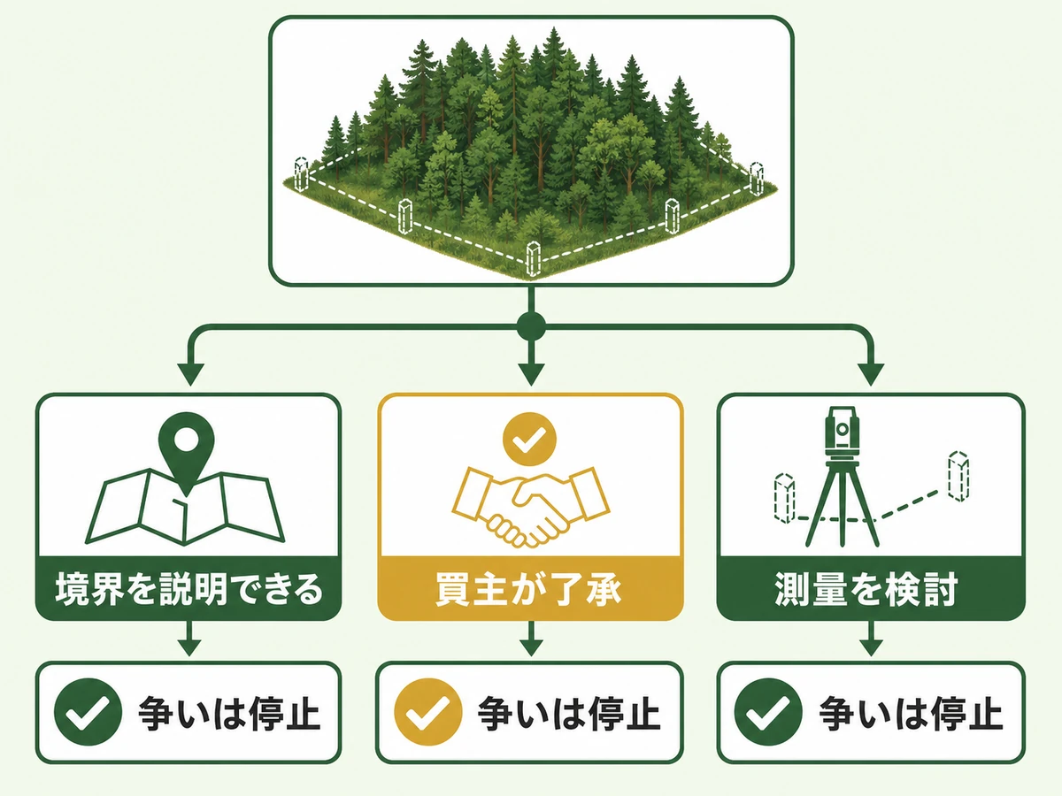 境界未確定の山林売却で進める条件と止める条件を示す判断図