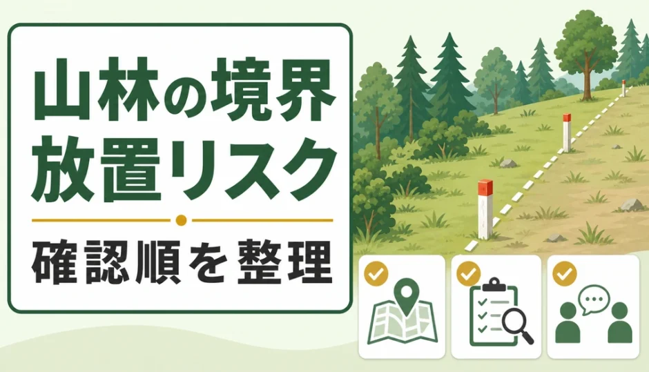 山林の境界を放置するリスクと確認順を示す図解