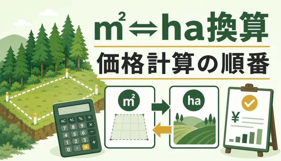山林面積の㎡とha換算、価格計算の順番を示すサムネイル