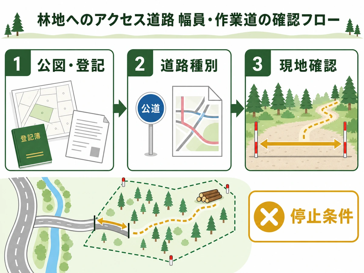 山林査定前に公図・登記、道路種別、現地確認、停止条件を確認する流れ