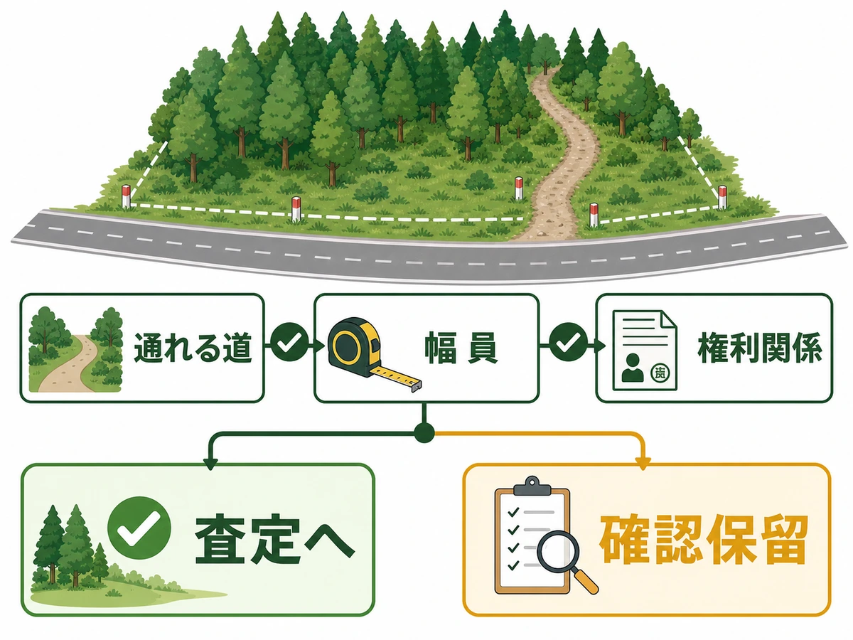 通れる道、幅員、権利関係を確認して査定へ進むか確認保留にするかを示す図