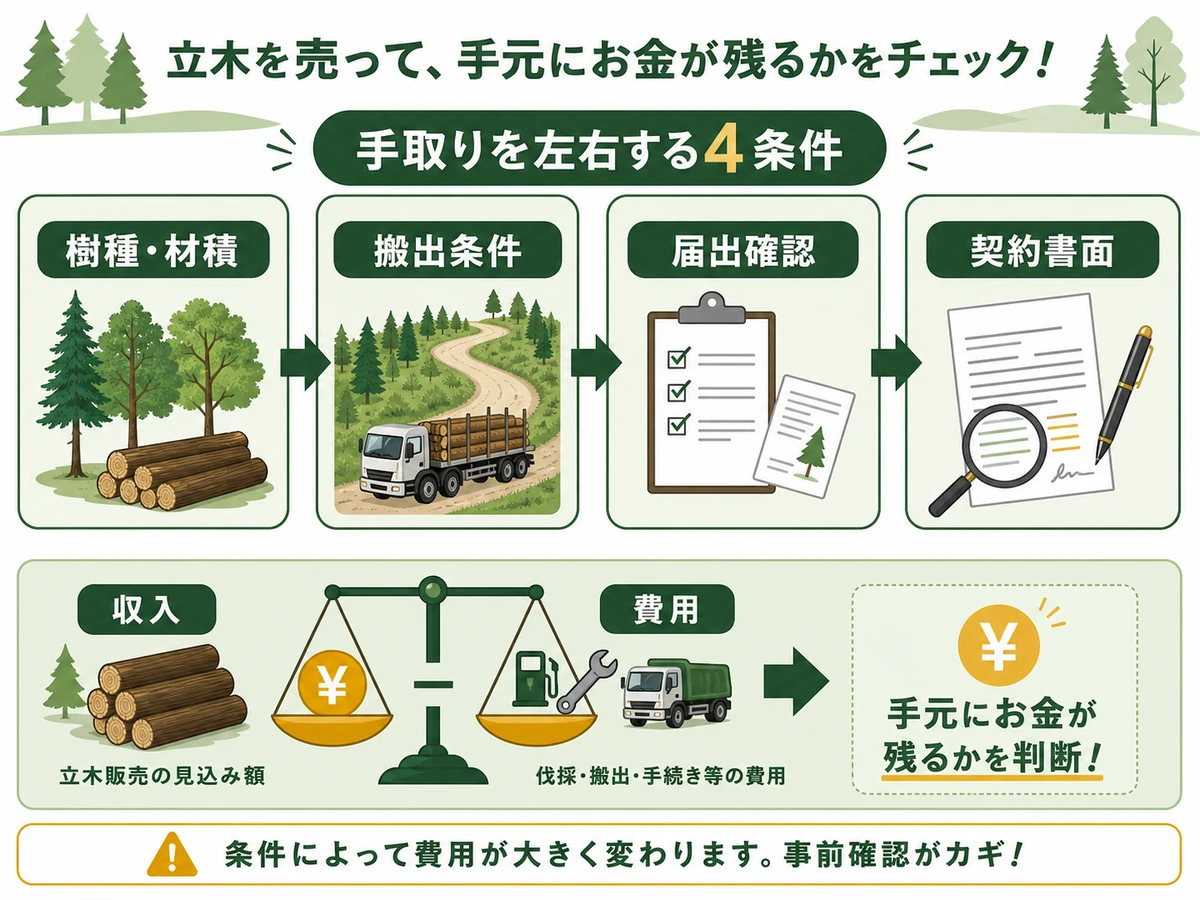立木売却の手取りを左右する樹種・材積、搬出条件、届出、契約書面の確認図