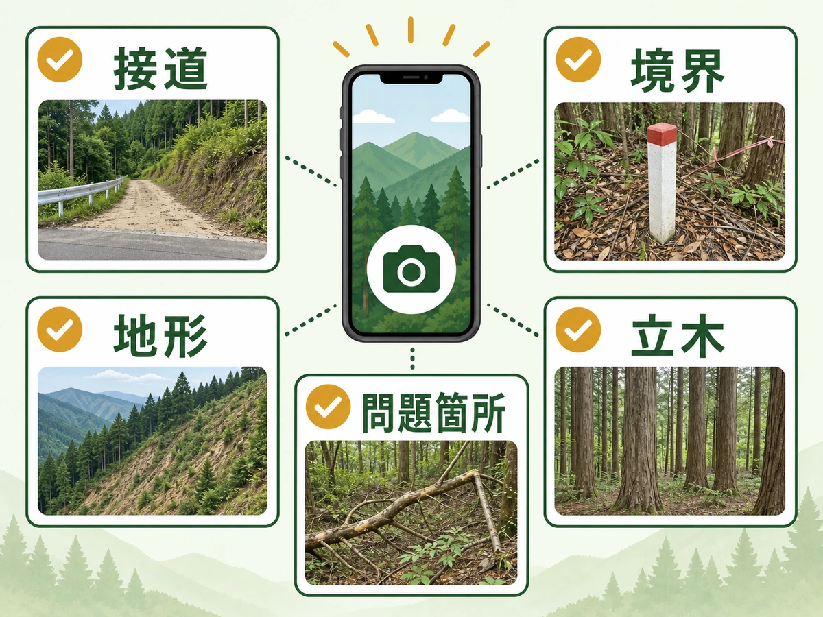 接道、境界、地形、立木、問題箇所を確認する山林査定写真のチェックリスト