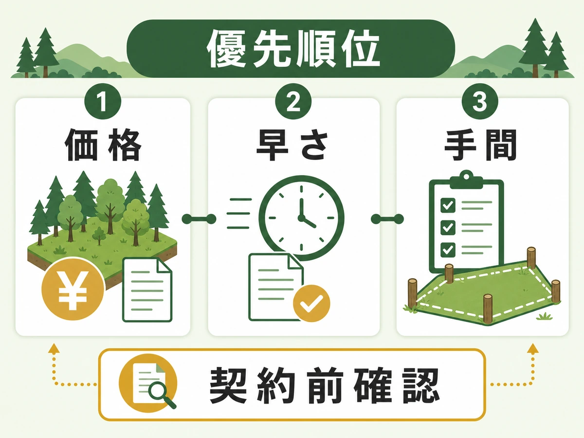山林売却で価格、早さ、手間、契約前確認の優先順位を示す図