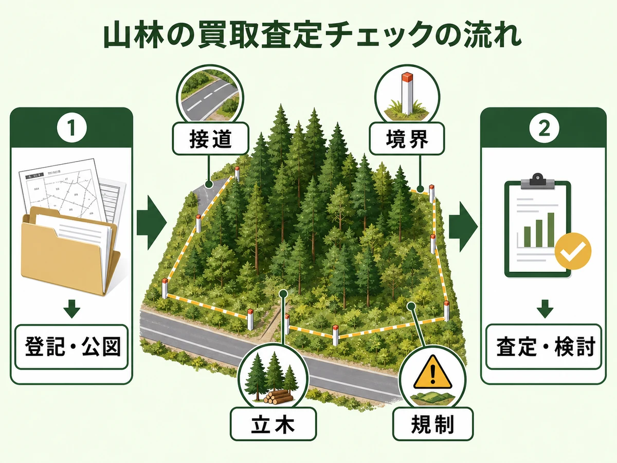 山林買取査定で見る登記・接道・境界・立木・規制の確認フロー
