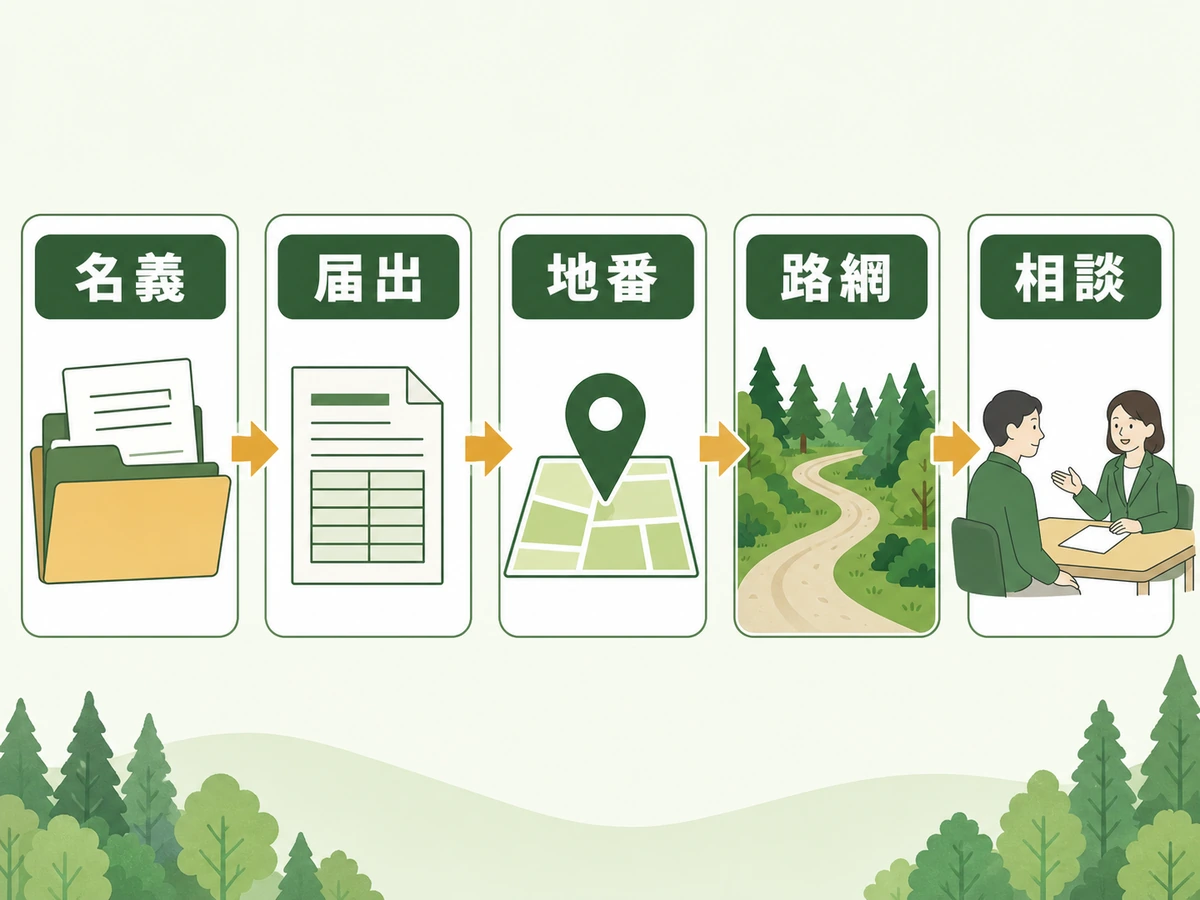 山林の管理委託前に名義や届出、地番、路網、相談先を確認する流れ