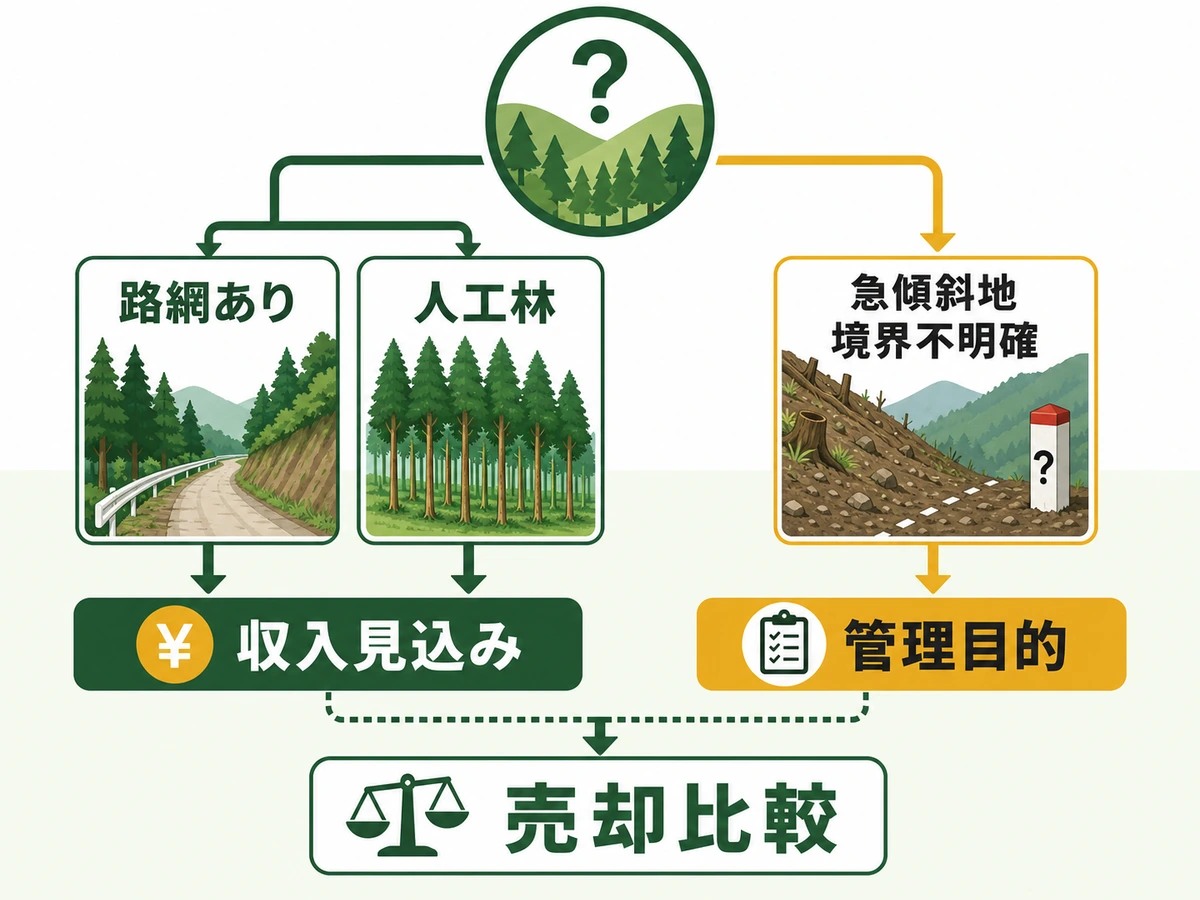 山林の管理委託で収入見込みか管理目的か売却比較かを分ける判断図