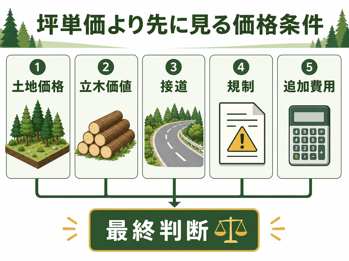 山林価格を土地価格、立木価値、接道、規制、追加費用で判断する図