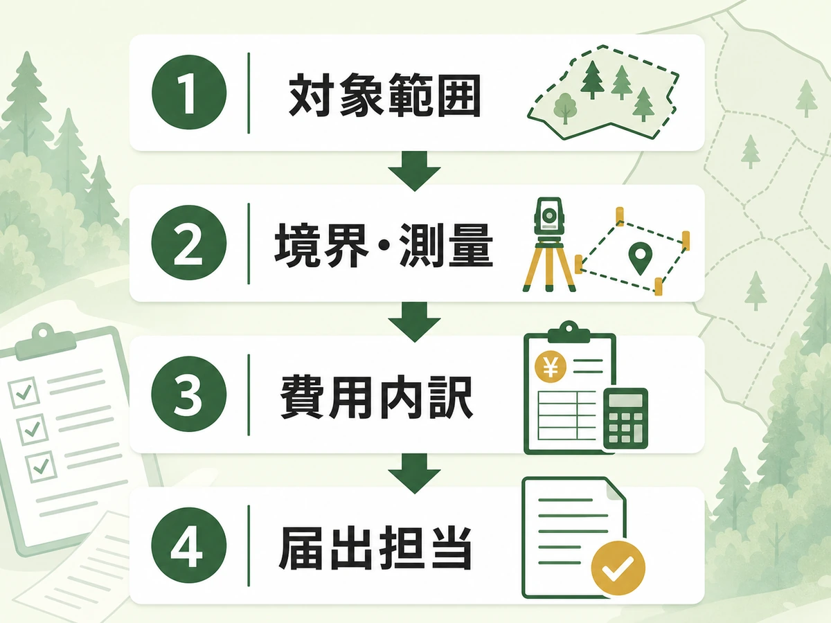山林の相見積もりで対象範囲、境界・測量、費用内訳、届出担当を確認する流れ