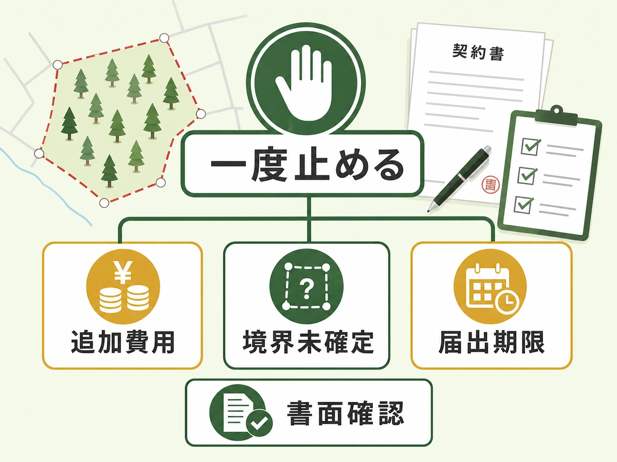 山林売買の契約前に追加費用、境界未確定、届出期限を書面確認する判断図