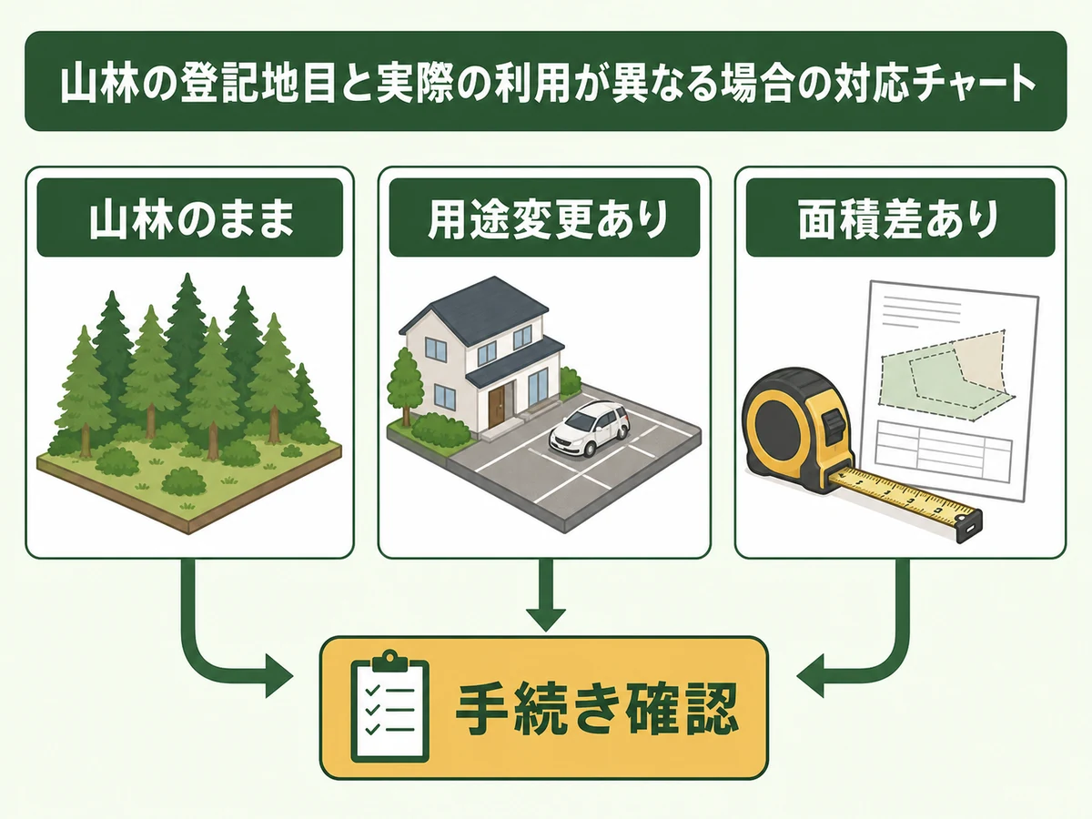 山林の地目変更や更正登記の判断チャート