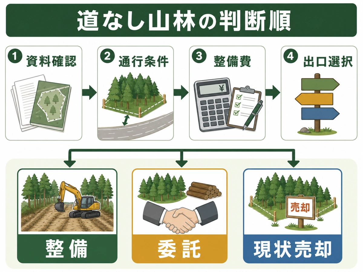 作業道がない山林の資料確認から出口選択までの判断順を示す図解