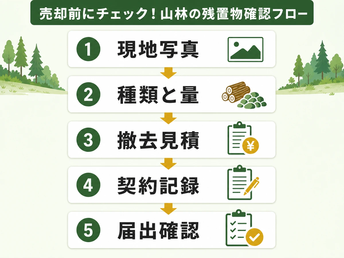 山林売却前に残置物を現地写真、種類と量、撤去見積、契約記録、届出確認の順に確認する図