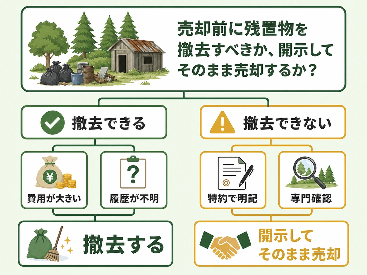 山林の残置物を撤去するか現状渡しにするかを危険物や量、特約合意で判断する図