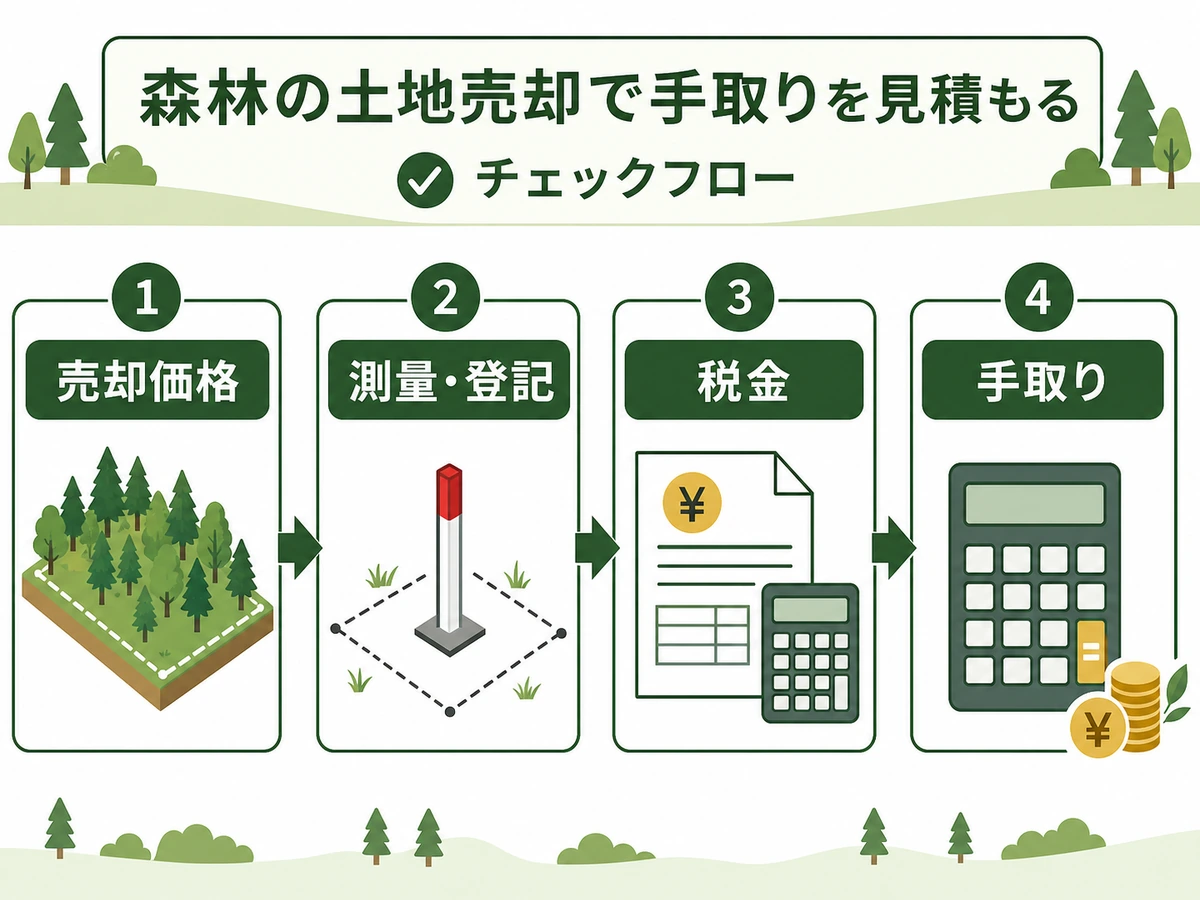 山林売却の売却価格から測量登記費用と税金を差し引いて手取りを確認する流れ