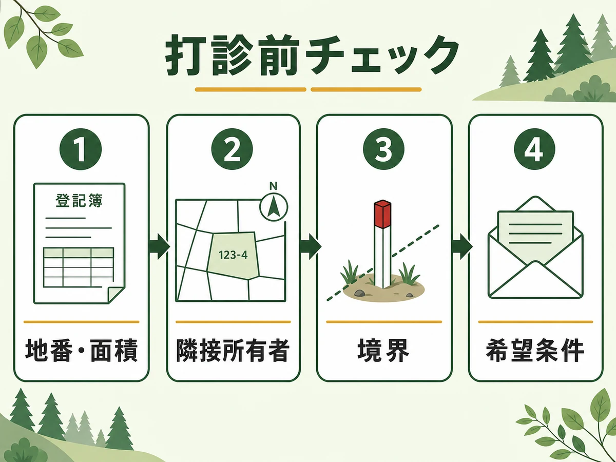 山林を隣接地主に打診する前に確認する地番・隣接所有者・境界・希望条件の流れ