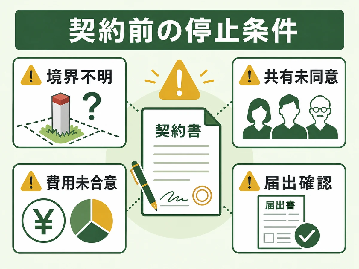 山林売却の契約前に確認する境界不明・共有未同意・費用未合意・届出確認の図解