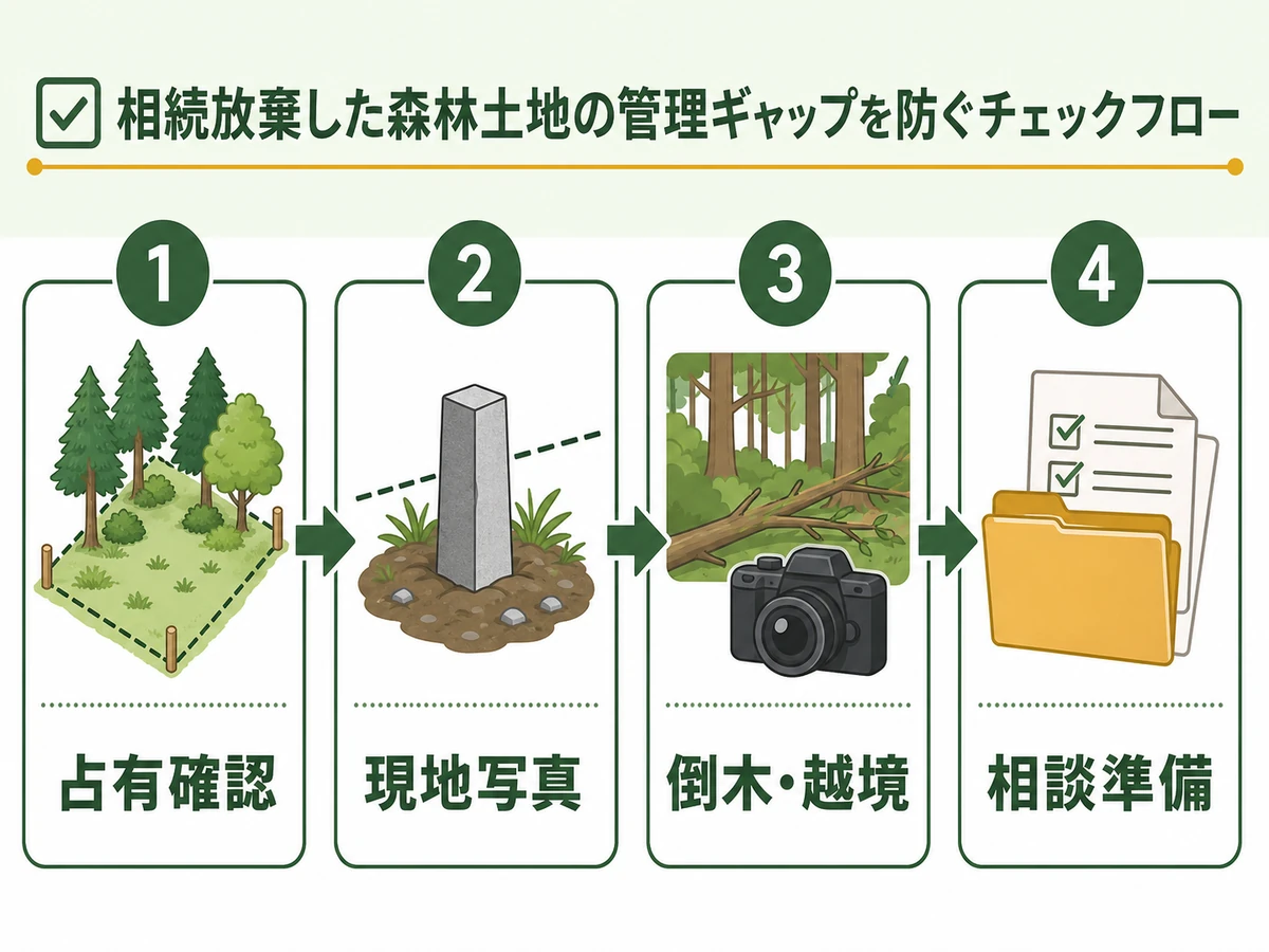 相続放棄後の山林で占有確認から相談準備までの流れを示すチェックフロー