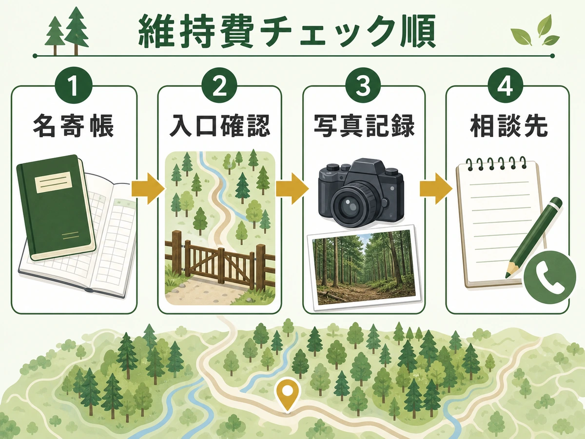 山林維持費を確認するための名寄帳、入口確認、写真記録、相談先の流れ