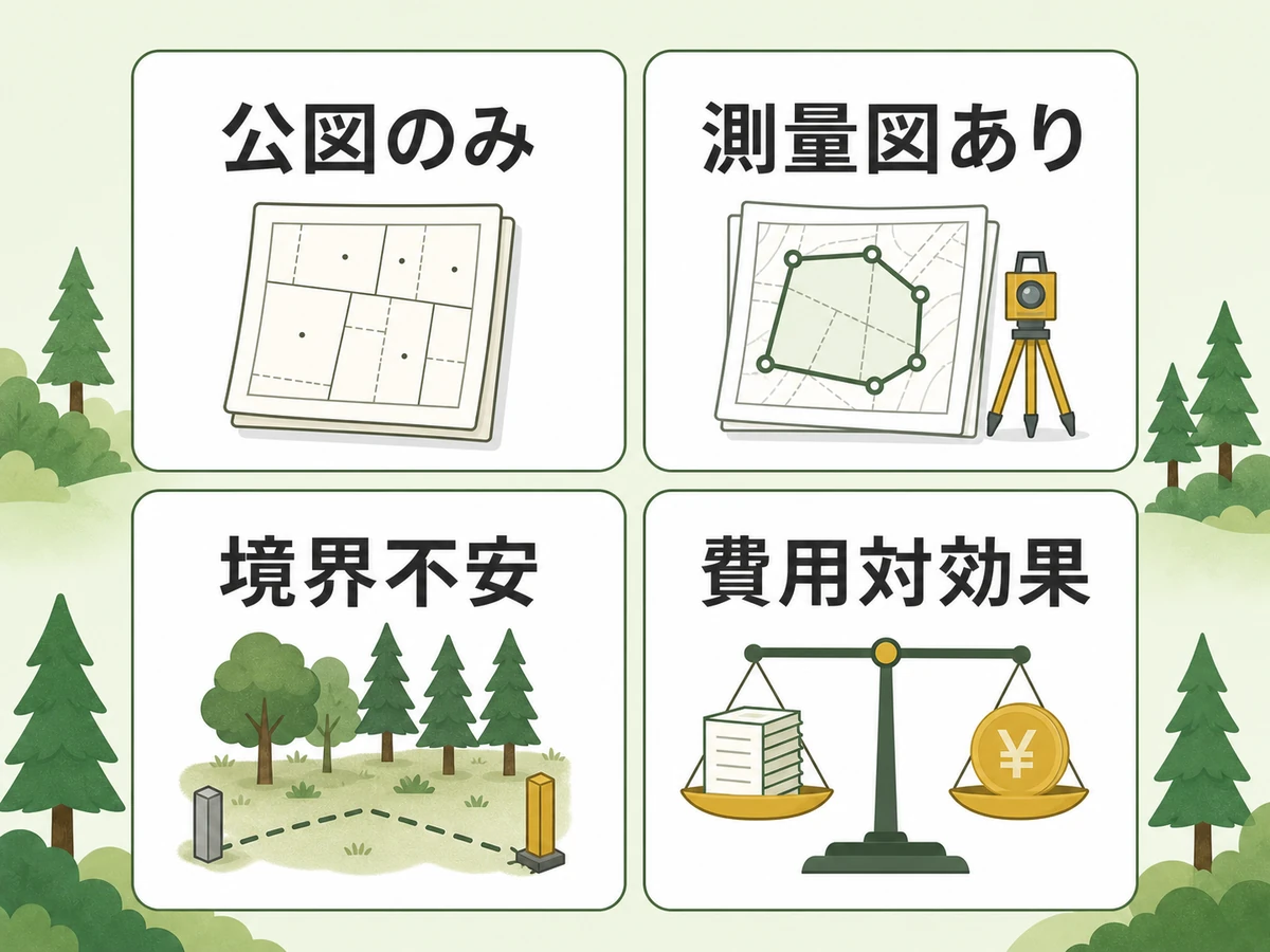 公図のみ、測量図あり、境界不安、費用対効果の判断軸