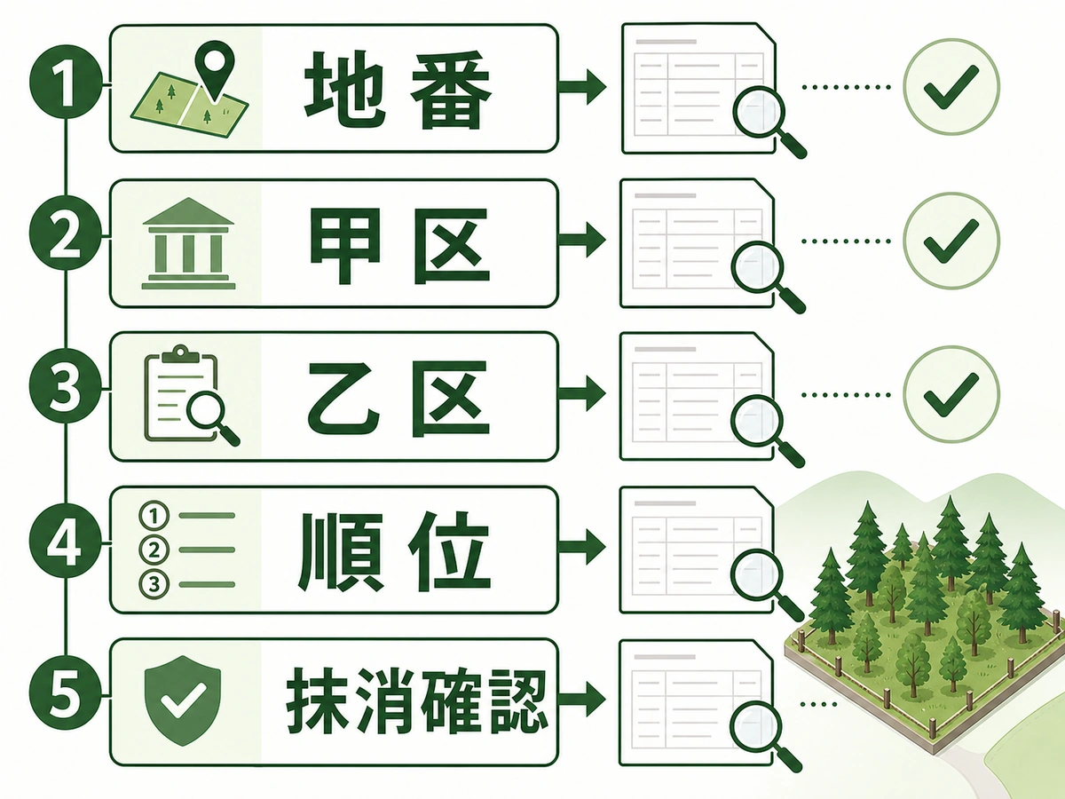 山林の登記簿で地番、甲区、乙区、順位、抹消確認を見る流れ