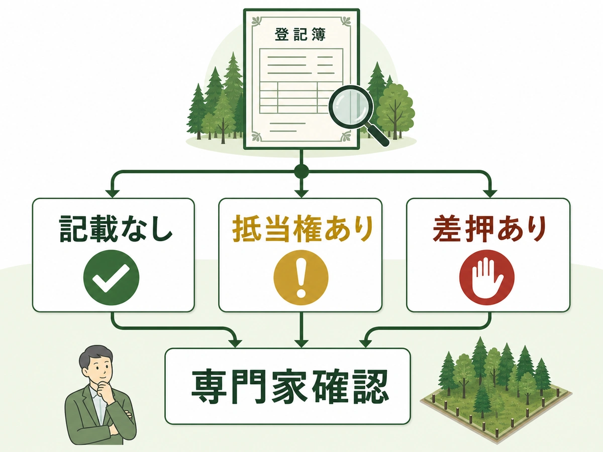 山林の登記簿で抵当権や差押がある場合の専門家確認チャート