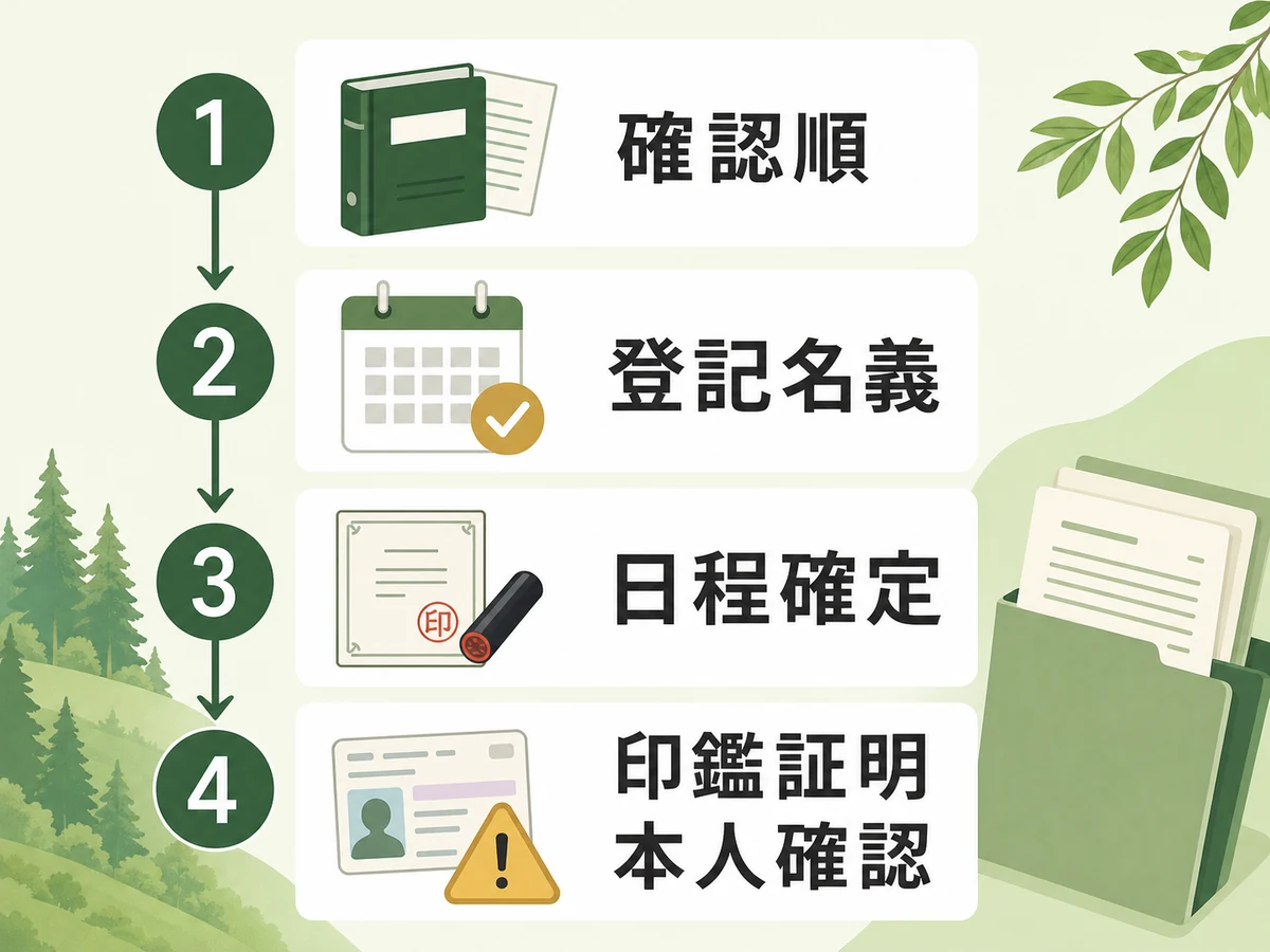 山林売却前に登記名義、日程確定、印鑑証明、本人確認の順で準備する流れを示す図解