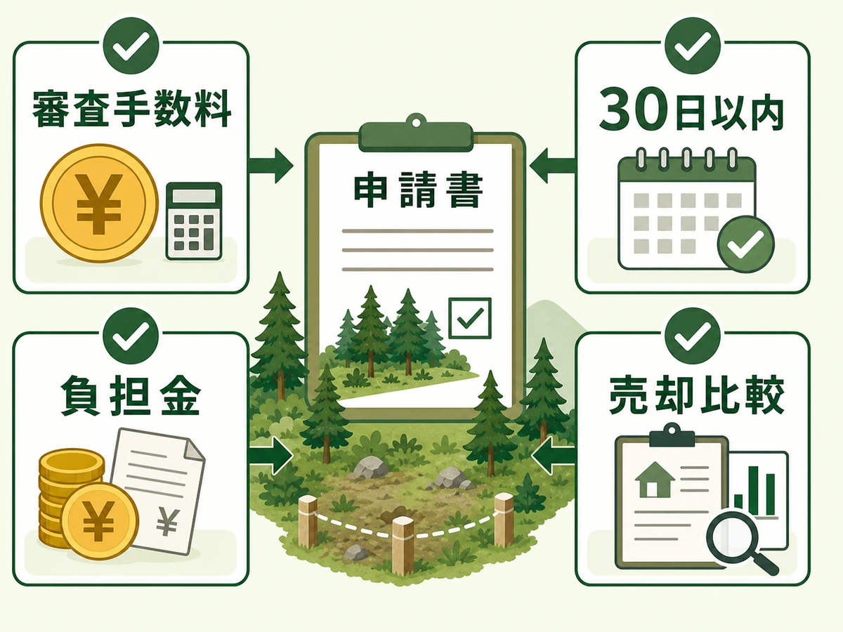 山林の国庫帰属で見る審査手数料・負担金・30日以内納付・売却比較の判断図