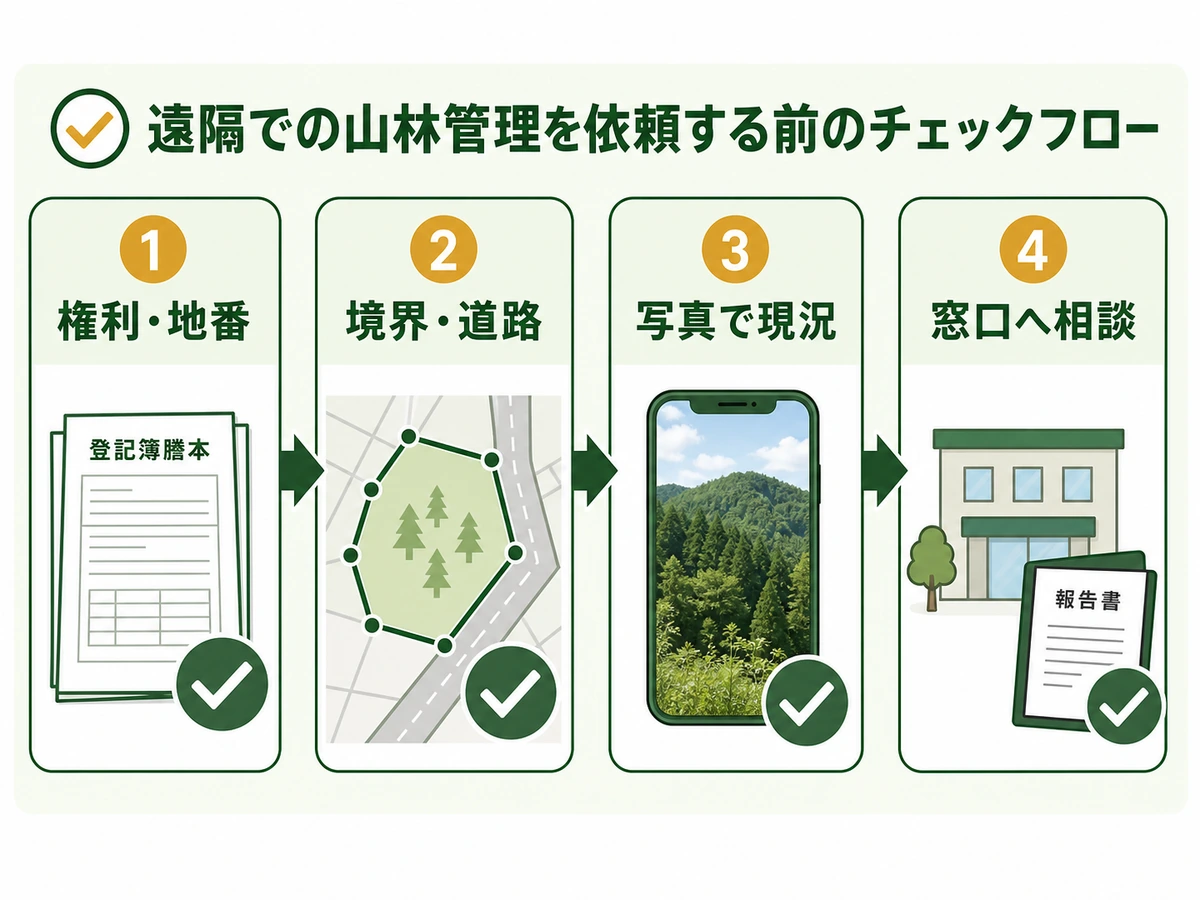 遠隔で山林管理を依頼する前に確認する権利・地番、境界・道路、写真、相談の流れ