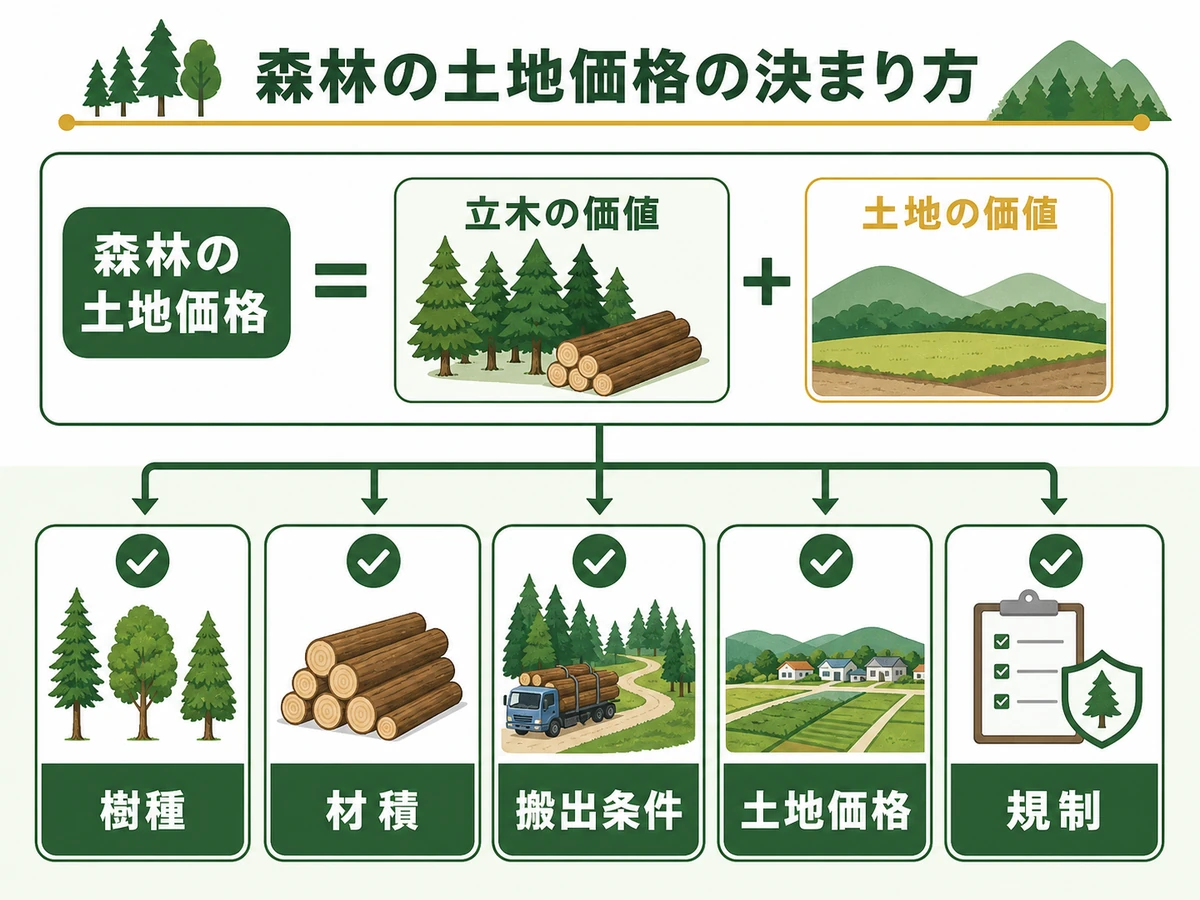 山林価格を樹種、材積、搬出条件、土地価格、規制で分ける図解