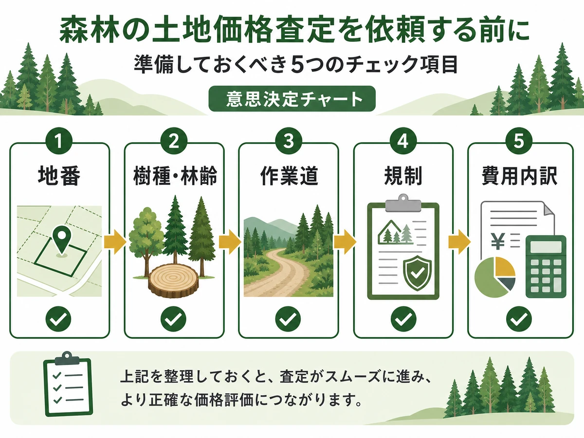 山林査定前に地番、樹種・林齢、作業道、規制、費用内訳を確認する図解