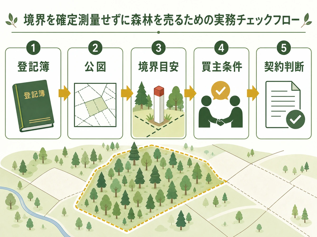 測量なしで山林を売る前に登記簿、公図、境界目安、買主条件、契約判断を確認する流れ