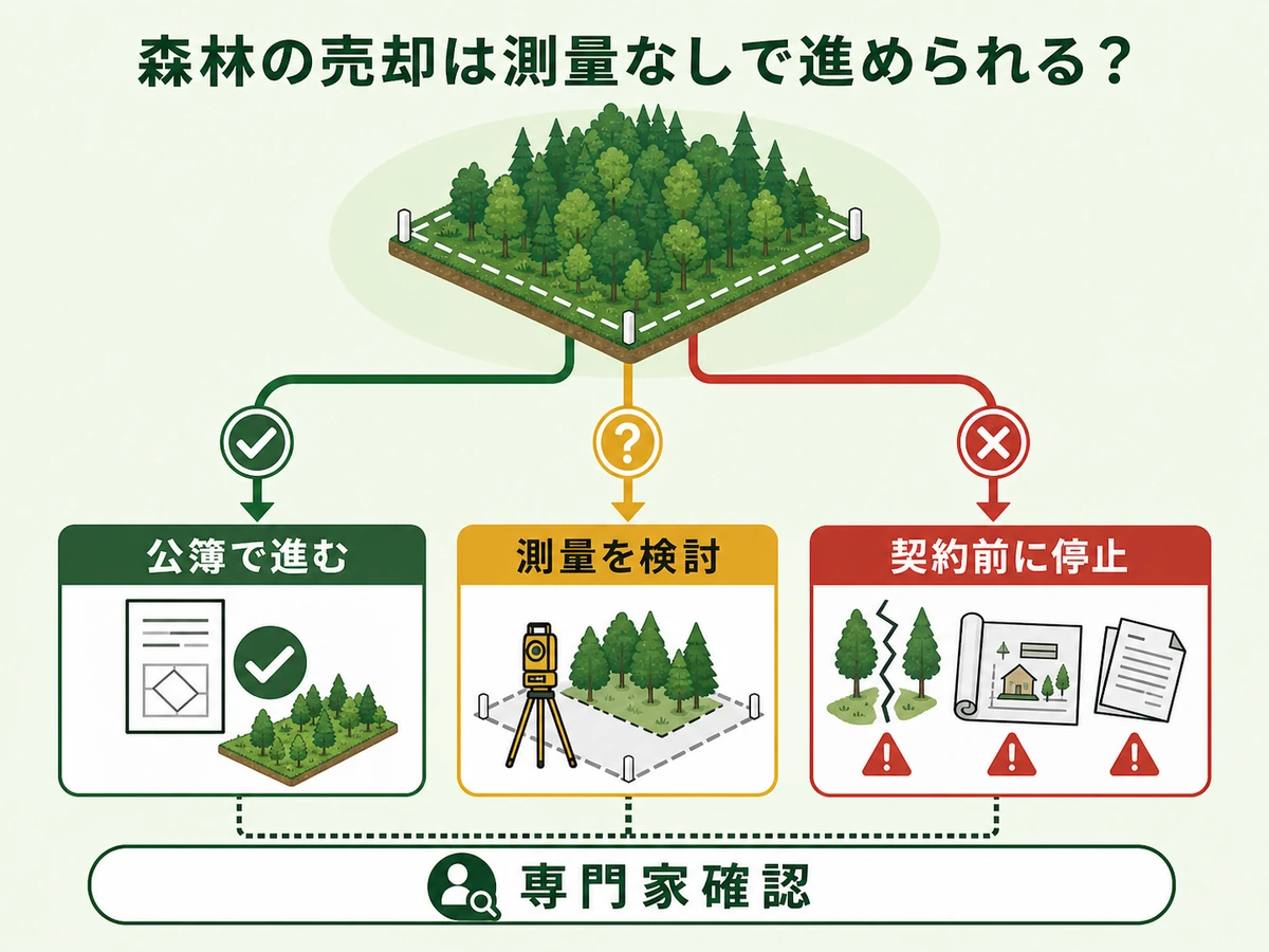 山林売却で公簿売買、測量検討、契約前停止を分ける判断チャート