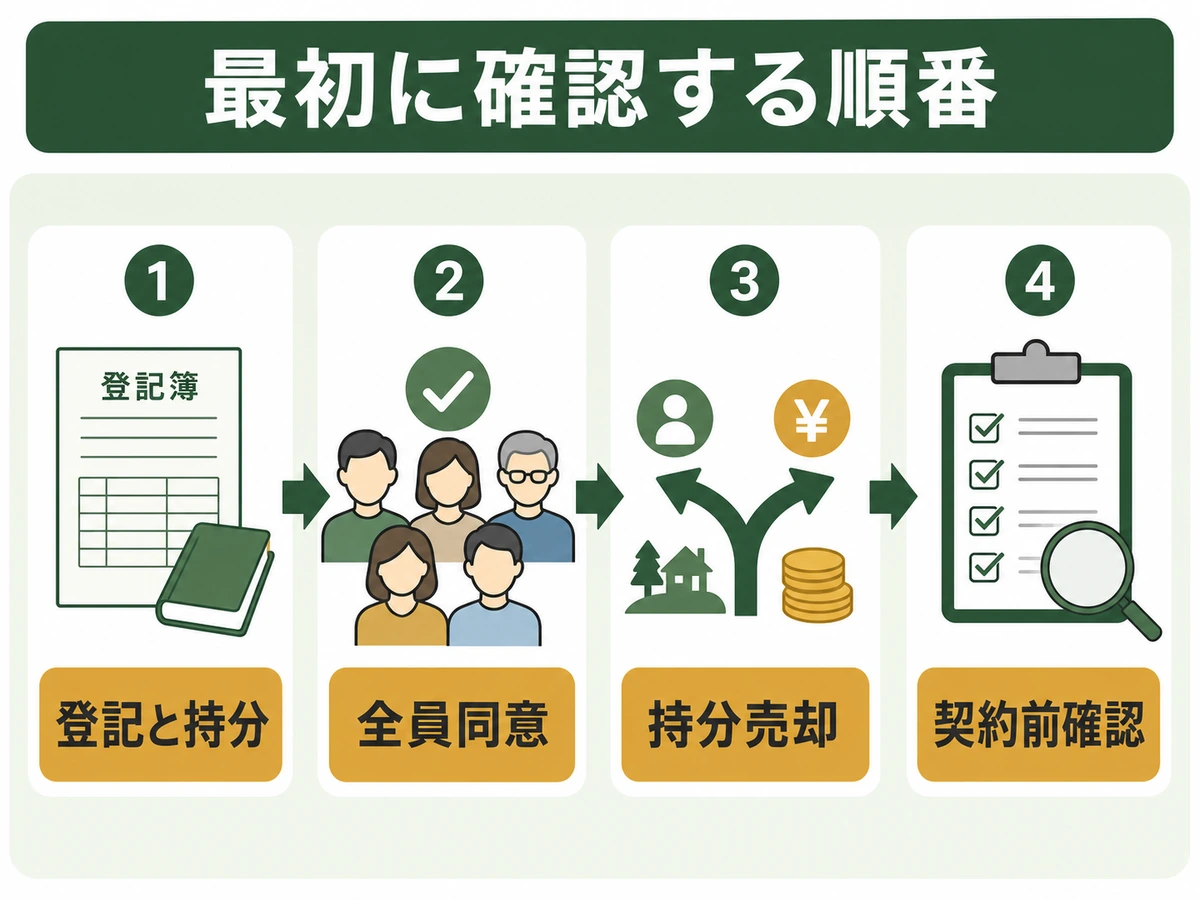 共有名義の山林を売る前に登記と持分を確認する流れ