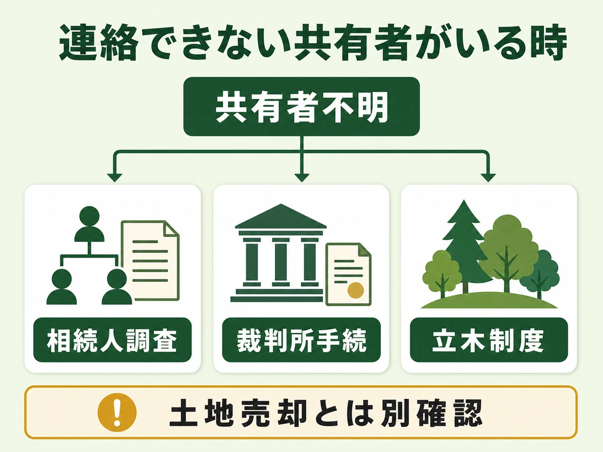 連絡できない共有者がいる山林で制度を分けて考える判断図